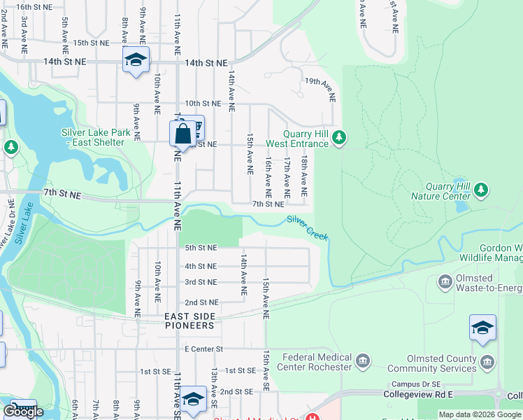 map of restaurants, bars, coffee shops, grocery stores, and more near 1510 7th Street Northeast in Rochester