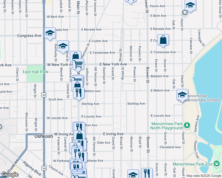 map of restaurants, bars, coffee shops, grocery stores, and more near 1003 Grand Street in Oshkosh