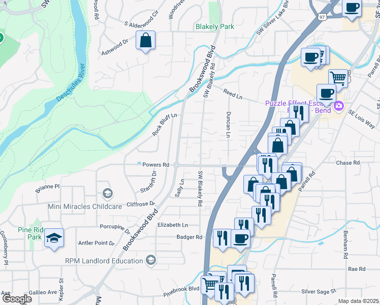 map of restaurants, bars, coffee shops, grocery stores, and more near 61402 Sunbrook Drive in Bend