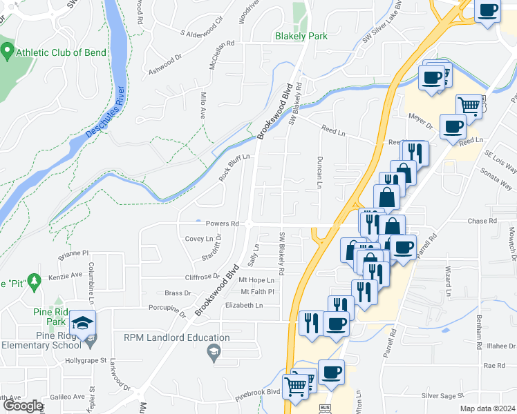 map of restaurants, bars, coffee shops, grocery stores, and more near 61403 Sunbrook Drive in Bend