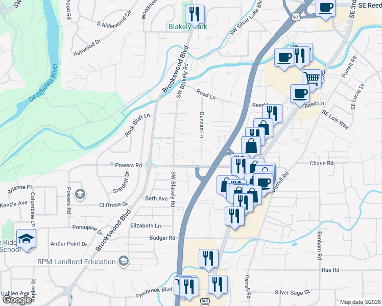 map of restaurants, bars, coffee shops, grocery stores, and more near 20119 Cirrus Court in Bend