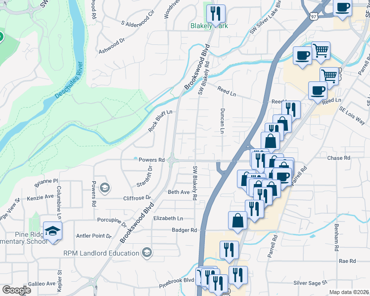 map of restaurants, bars, coffee shops, grocery stores, and more near 61398 Sunbrook Drive in Bend
