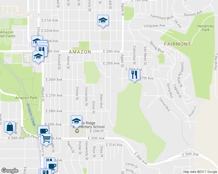 map of restaurants, bars, coffee shops, grocery stores, and more near 2650 Emerald Street in Eugene