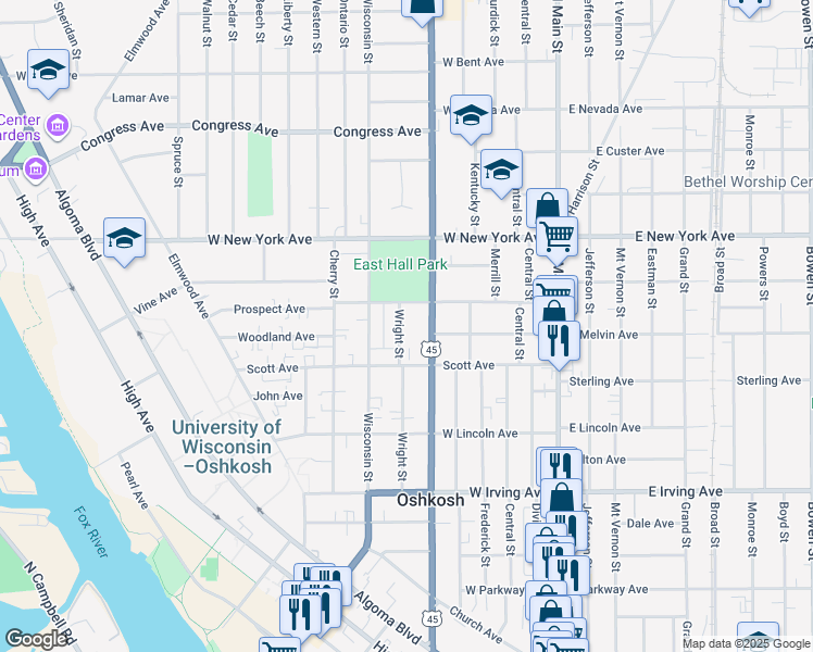 map of restaurants, bars, coffee shops, grocery stores, and more near 928 Wright Street in Oshkosh