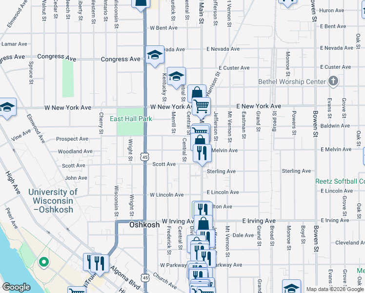 map of restaurants, bars, coffee shops, grocery stores, and more near 114 West Melvin Avenue in Oshkosh