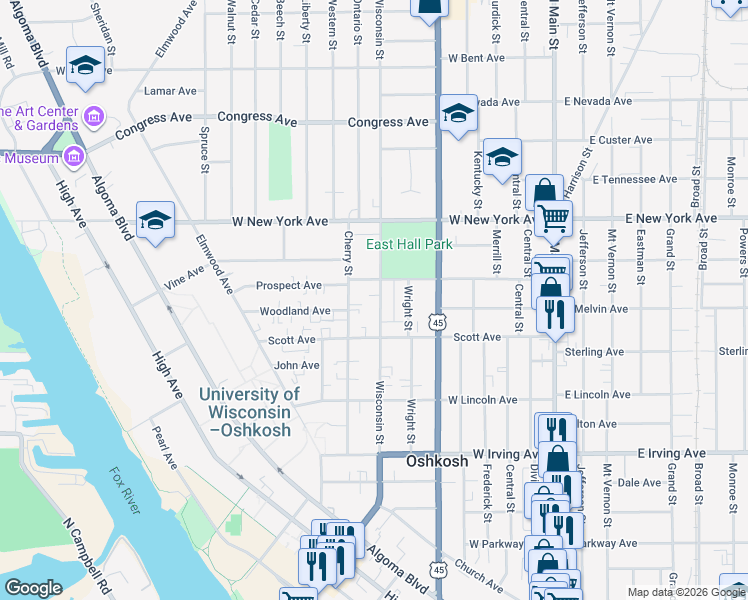 map of restaurants, bars, coffee shops, grocery stores, and more near 1009 Wisconsin Street in Oshkosh