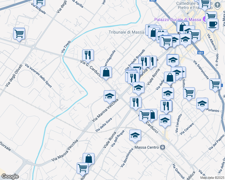 map of restaurants, bars, coffee shops, grocery stores, and more near 101 Via G. Carducci in Massa