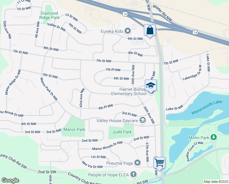 map of restaurants, bars, coffee shops, grocery stores, and more near 3935 5th Street Northwest in Rochester