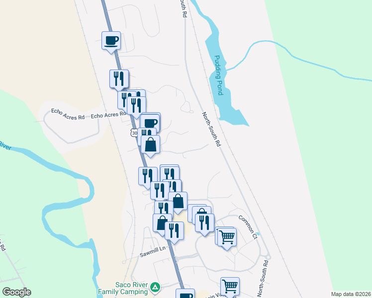 map of restaurants, bars, coffee shops, grocery stores, and more near 2 Village Way in Conway