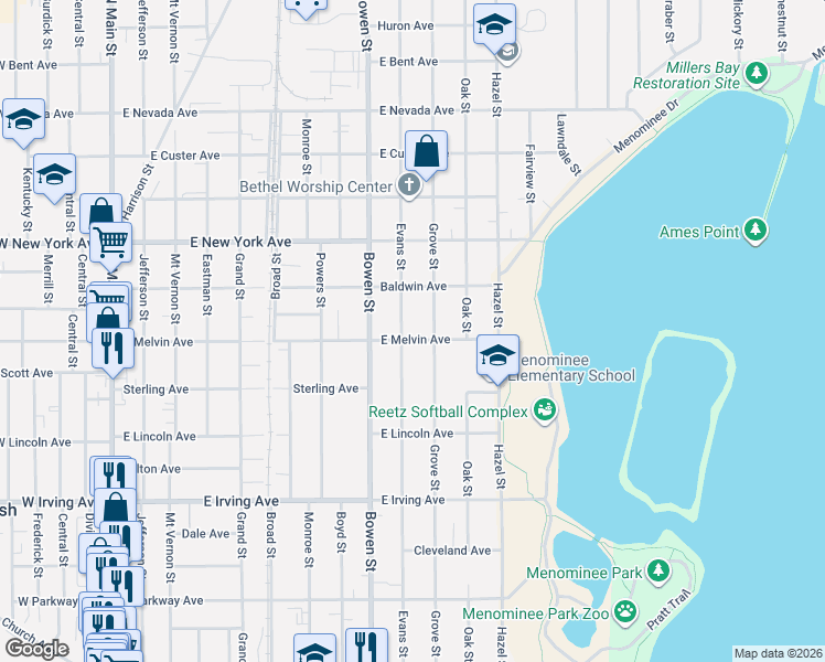 map of restaurants, bars, coffee shops, grocery stores, and more near 920 East Melvin Avenue in Oshkosh
