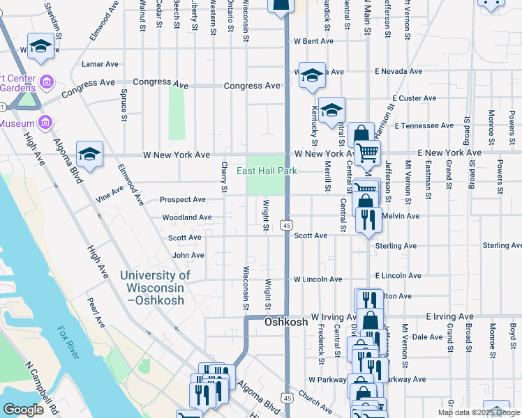 map of restaurants, bars, coffee shops, grocery stores, and more near 928 Wright Street in Oshkosh