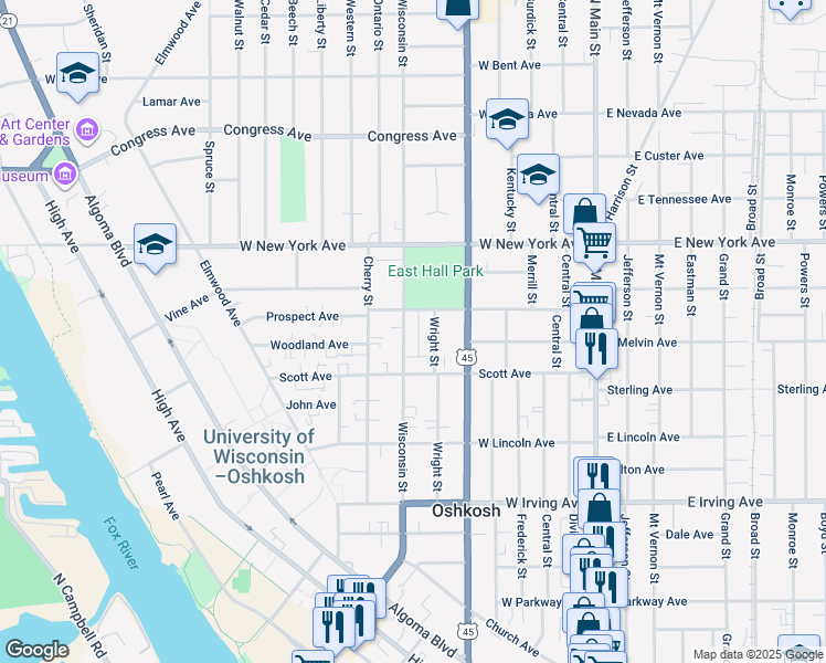 map of restaurants, bars, coffee shops, grocery stores, and more near 1002 Wisconsin Street in Oshkosh