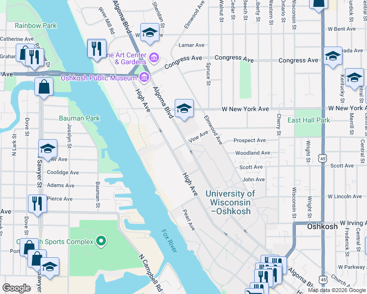 map of restaurants, bars, coffee shops, grocery stores, and more near 1020 Vine Avenue in Oshkosh