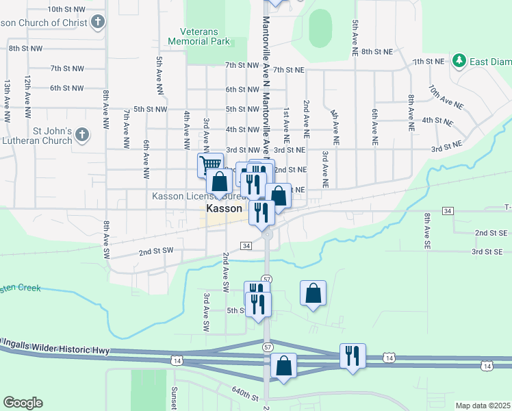 map of restaurants, bars, coffee shops, grocery stores, and more near 103 West Main Street in Kasson