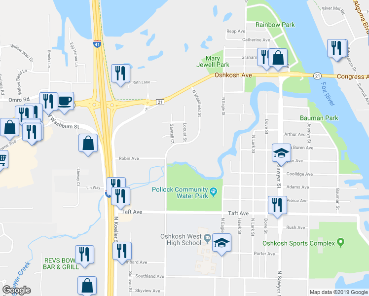 map of restaurants, bars, coffee shops, grocery stores, and more near 1010 North Westfield Street in Oshkosh