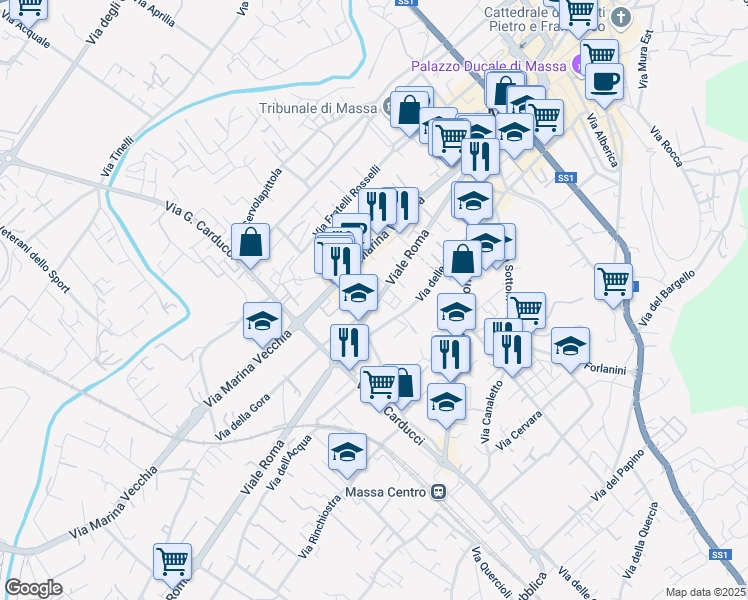 map of restaurants, bars, coffee shops, grocery stores, and more near 73 Viale Roma in Massa