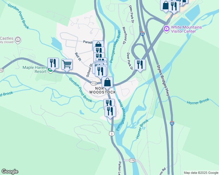 map of restaurants, bars, coffee shops, grocery stores, and more near Lost River Road in Woodstock