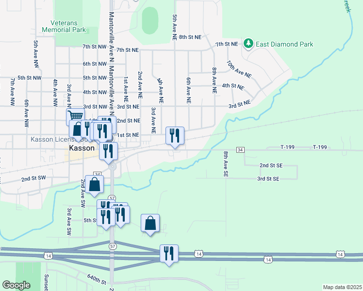 map of restaurants, bars, coffee shops, grocery stores, and more near 43 County Highway 34 in Kasson