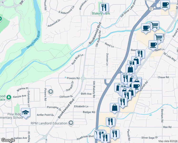map of restaurants, bars, coffee shops, grocery stores, and more near 61406 Sunbrook Drive in Bend