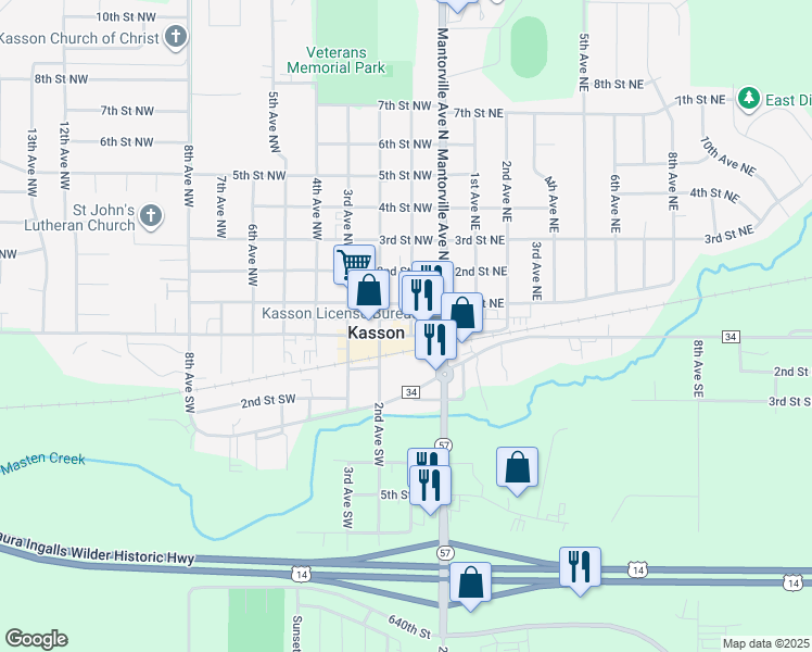 map of restaurants, bars, coffee shops, grocery stores, and more near 103 West Main Street in Kasson
