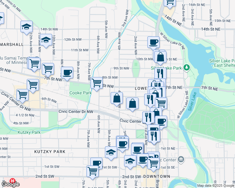 map of restaurants, bars, coffee shops, grocery stores, and more near 603 4th Avenue Northwest in Rochester