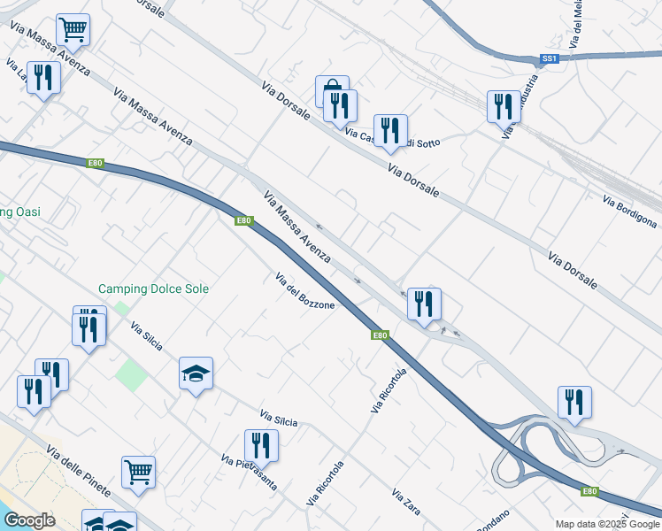 map of restaurants, bars, coffee shops, grocery stores, and more near 173 Via Massa Avenza in Massa