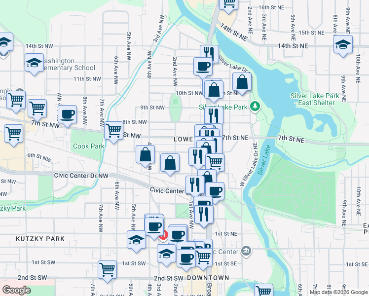 map of restaurants, bars, coffee shops, grocery stores, and more near 33 6th Street Northwest in Rochester