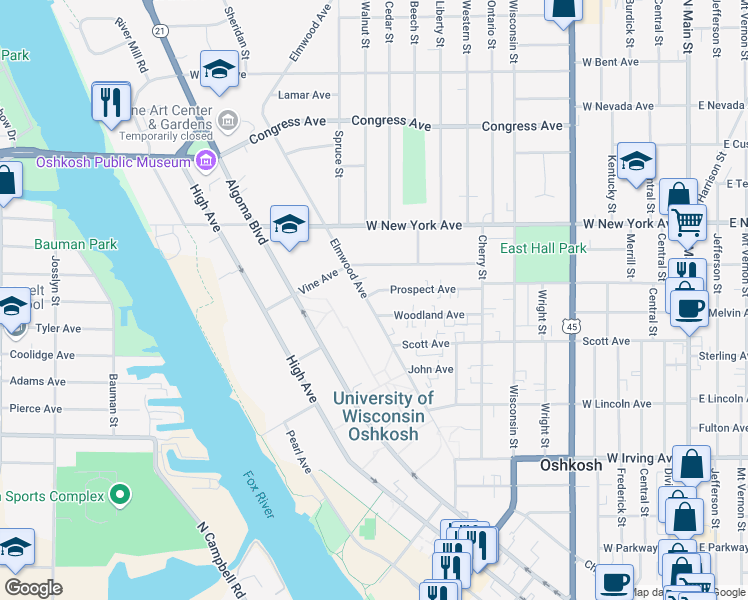 map of restaurants, bars, coffee shops, grocery stores, and more near 942 Elmwood Avenue in Oshkosh