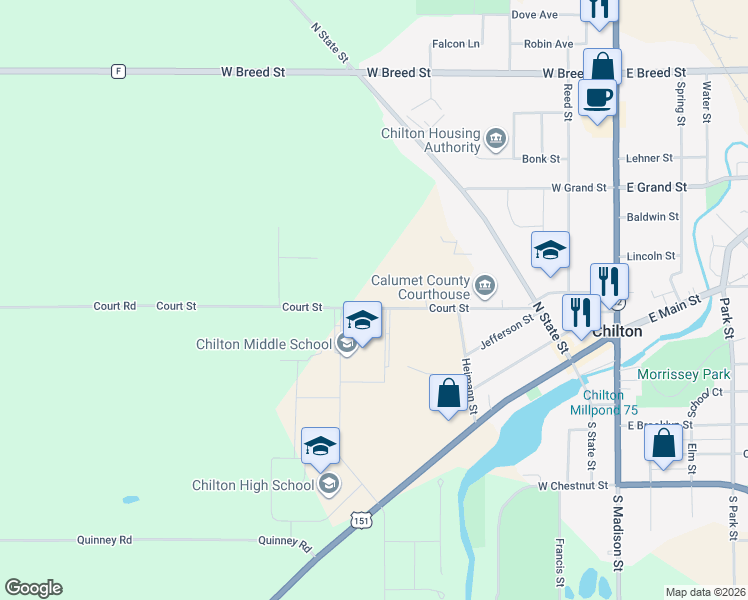 map of restaurants, bars, coffee shops, grocery stores, and more near 422 Court Street in Chilton