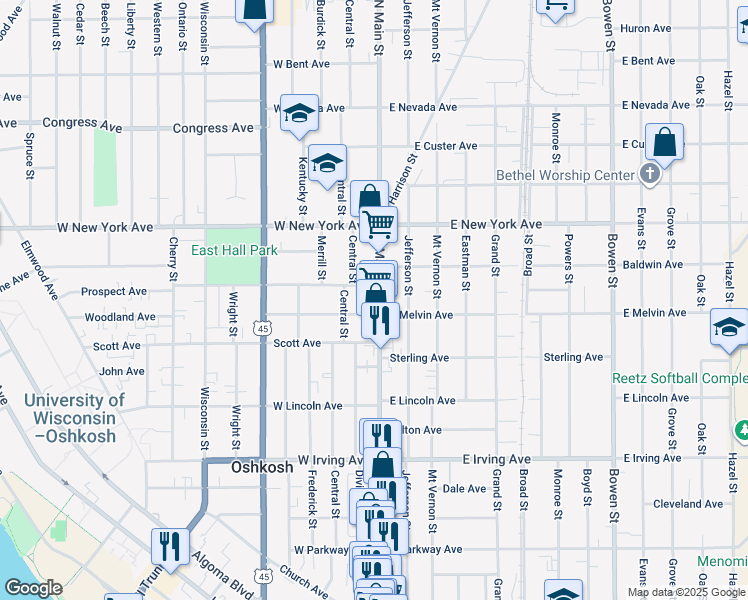 map of restaurants, bars, coffee shops, grocery stores, and more near 1001 North Main Street in Oshkosh