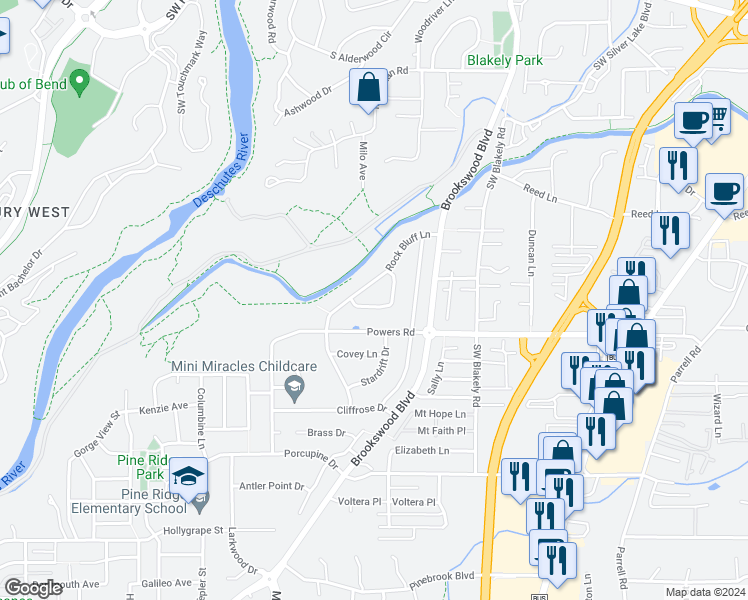 map of restaurants, bars, coffee shops, grocery stores, and more near 19994 Rock Bluff Circle in Bend
