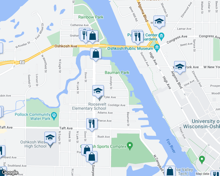 map of restaurants, bars, coffee shops, grocery stores, and more near 1106 Van Buren Avenue in Oshkosh