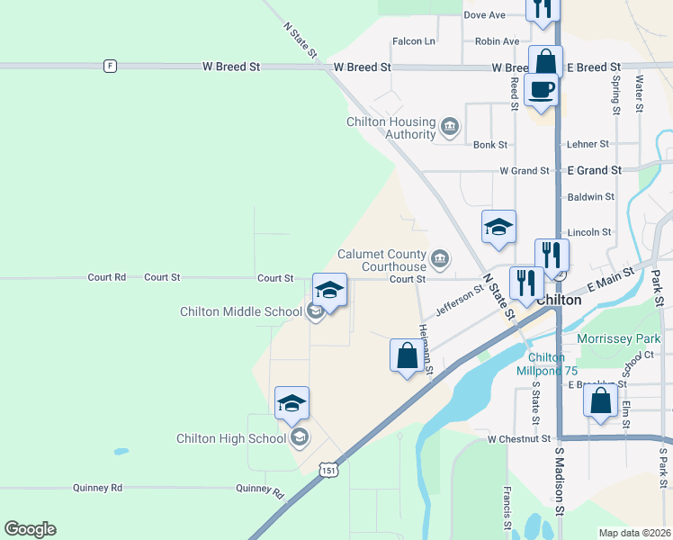 map of restaurants, bars, coffee shops, grocery stores, and more near 422 Court Street in Chilton
