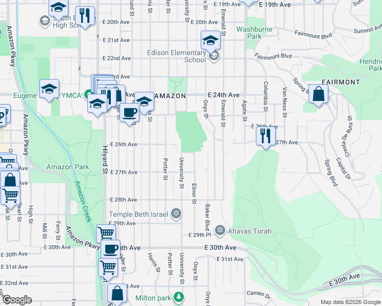 map of restaurants, bars, coffee shops, grocery stores, and more near 2661 University Street in Eugene