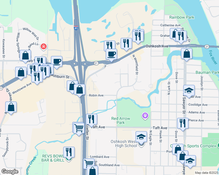 map of restaurants, bars, coffee shops, grocery stores, and more near 1780 Robin Avenue in Oshkosh