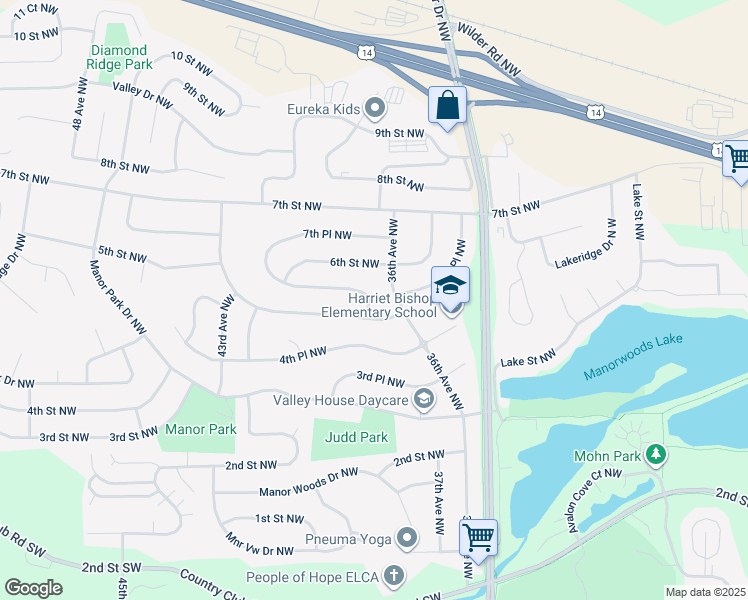 map of restaurants, bars, coffee shops, grocery stores, and more near 3905 5th Street Northwest in Rochester