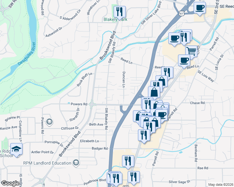 map of restaurants, bars, coffee shops, grocery stores, and more near 20120 Cirrus Court in Bend