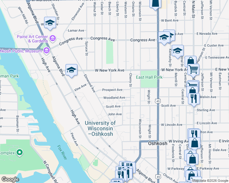 map of restaurants, bars, coffee shops, grocery stores, and more near 734 Woodland Avenue in Oshkosh