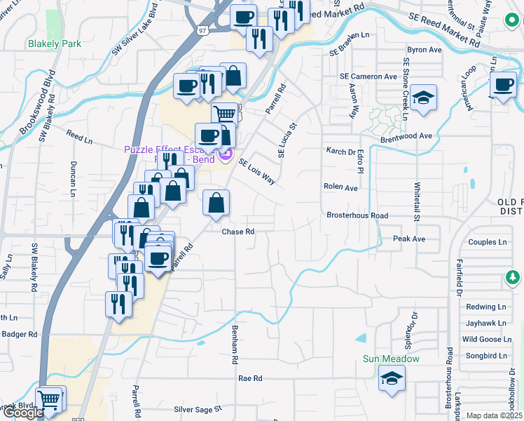 map of restaurants, bars, coffee shops, grocery stores, and more near 20362 Travelers Place in Bend