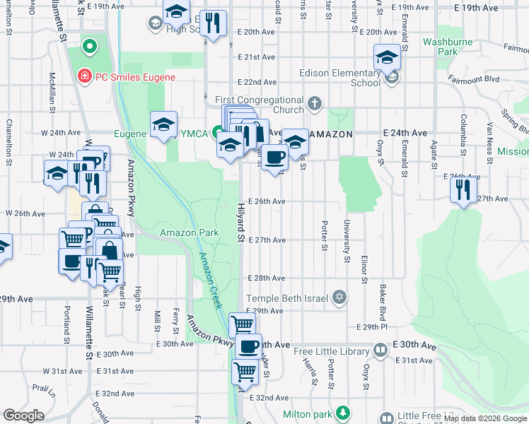 map of restaurants, bars, coffee shops, grocery stores, and more near 2625 Alder Street in Eugene