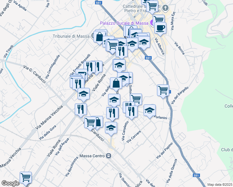 map of restaurants, bars, coffee shops, grocery stores, and more near 44 Viale Stazione in Massa