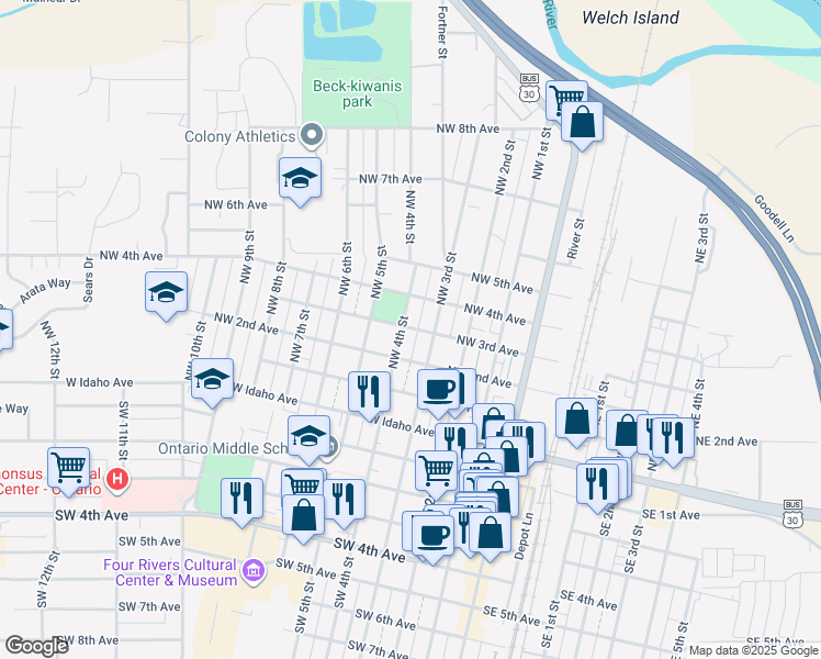 map of restaurants, bars, coffee shops, grocery stores, and more near 389 Northwest 2nd Avenue in Ontario
