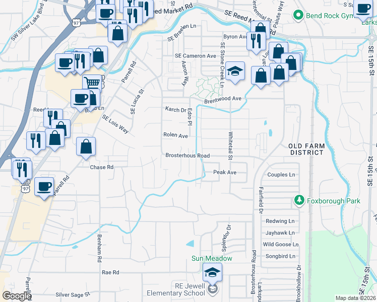 map of restaurants, bars, coffee shops, grocery stores, and more near 61394 Franke Lane in Bend