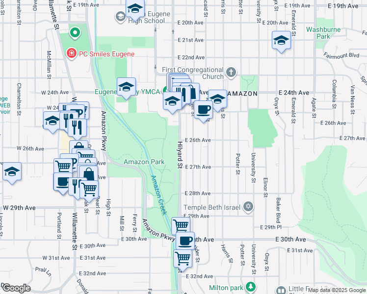 map of restaurants, bars, coffee shops, grocery stores, and more near 2653 Hilyard Street in Eugene