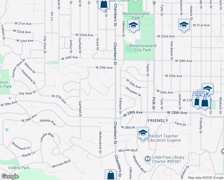 map of restaurants, bars, coffee shops, grocery stores, and more near 2660 Chambers Street in Eugene