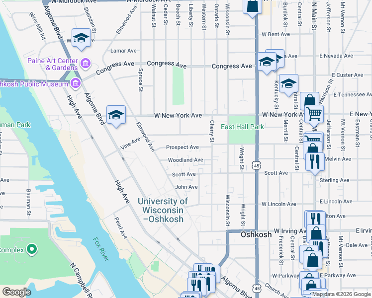 map of restaurants, bars, coffee shops, grocery stores, and more near 734 Woodland Avenue in Oshkosh