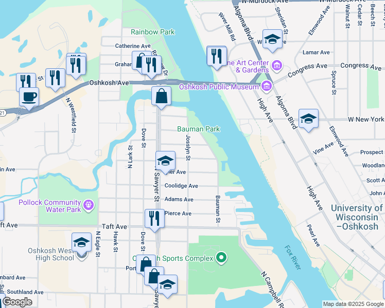 map of restaurants, bars, coffee shops, grocery stores, and more near 1051 Van Buren Avenue in Oshkosh