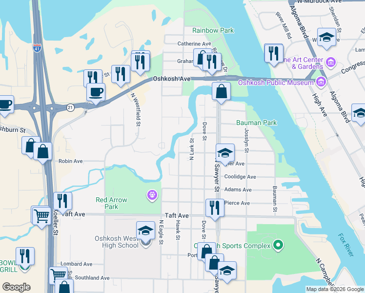 map of restaurants, bars, coffee shops, grocery stores, and more near 936 Hawk Street in Oshkosh