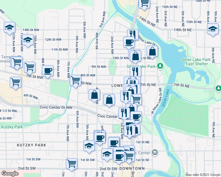map of restaurants, bars, coffee shops, grocery stores, and more near 203 6th Street Northwest in Rochester