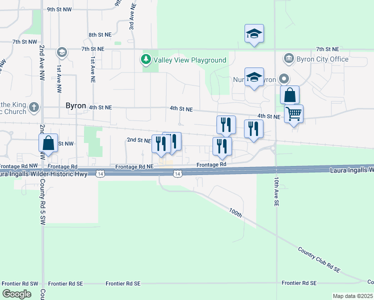 map of restaurants, bars, coffee shops, grocery stores, and more near 509 Frontage Road Northeast in Byron